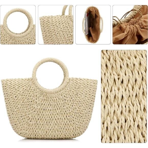 Women Summer Beach Bag, Straw Handbag Beige